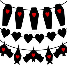 some black and red hearts hanging from a line