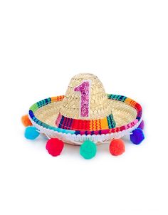 a colorful hat with pom poms on it and the number one in the center