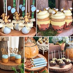 a collage of photos with cupcakes, cake and dessert items on it