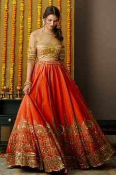 Shop for Moledro Orange Twill Silk Yara Embellished Lehenga Set for Women Online at Aza Fashions Orange Lehenga, Reception Bride, Party Reception, Kurti Designs Latest, Hem Blouse, Illusion Neckline, Net Dupatta, Copper Foil, Cut Work