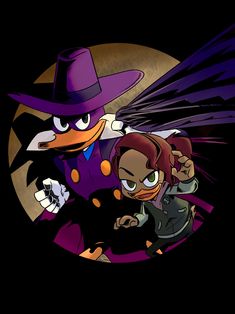 an animated character in a purple hat and black coat with a bird on his shoulder