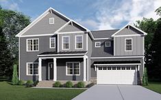 a two story house with gray siding and white trim on the front door is shown in an artist's rendering