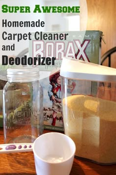 the ingredients to make homemade carpet cleaner and deodorizer sit on a table