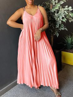 Vneck comfy pleated long dress with straps ate047. Click to shop now. Free stable shipping world-wide! Dress Pose, Apricot Color, Outfit 2023, Max Dress, Fashion Silhouette, Cami Maxi Dress, Travel Dress, Maxi Dress Online, Sling Dress