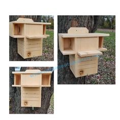 three different views of a wooden bird house