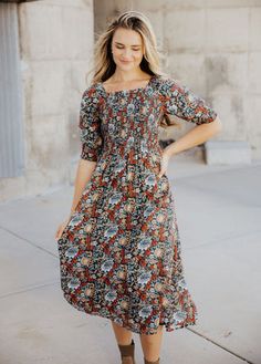 Pepper modest midi dress-NEW – JanieLanie Modest Square Neck Midi Dress, Modest Midi Dress With Square Neck, Fall Midi Dress With Smocked Bodice And Short Sleeves, Modest Midi Dress, Nursing Friendly Dress, Beautiful Midi Dresses, Temple Dress, Modest Maxi, Modest Tops