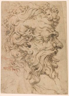 a drawing of a woman's head with hair blowing in the wind and clouds