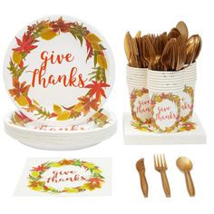 thanksgiving dinnerware and place setting with give thanks sign