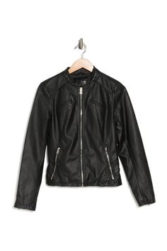 A trendy faux leather jacket with front zip pockets and snap button at the neckline. Leather Racer Jacket, White Leather Jacket, Racer Jacket, Pretty Scarves, Weekly Outfits, Leather Trench Coat, Genuine Leather Jackets, Faux Leather Jacket, Leather Moto Jacket