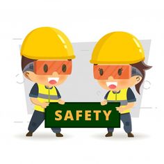 two people in hard hats holding a safety sign