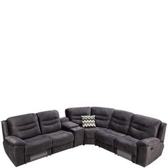 a grey sectional couch with two recliners and a pillow on top of it