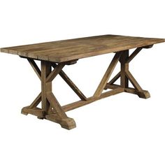 a large wooden table with two legs and a cross leg design on the top, against a white background