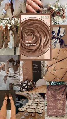 a collage of photos with chocolate and wedding decorations