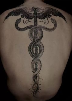 Spine Tattoos For Men, Unique Spine Tattoos, Hermes Tattoo, Caduceus Tattoo, Serpent Tattoo, Realistic Tattoo Sleeve, Full Back Tattoos