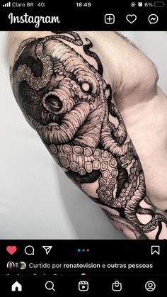 an octopus tattoo on the left arm and chest is shown in this instagramm photo