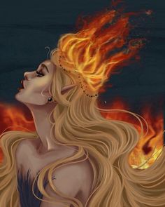 a woman with long blonde hair standing in front of a fire filled sky and looking up at the sky