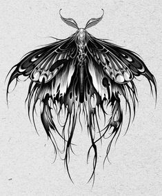 a black and white drawing of a butterfly with wings on it's back legs