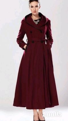 Burgundy Color Dress, Red Wool Coat, Burgundy Dresses, Wool Winter Coat, Long Overcoat, Shade Of Red, Women Overcoat, Red Cap, Friendly Reminder