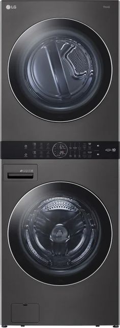 the front and back view of an lg washer and dryer combo in stainless steel