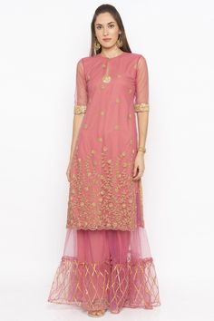 Light pink net embroidered kurta with elbow sleeves embroidered in the front Product Features:   Color: Pink Fabric: Net Fit: Regular Sleeves: 3/4th Sleeves Neck: Round Neck Pattern: Embroidered Length: 42 Inch Product Weight: 500 Gram Occasion: Festive Disclaimer: There will be slight difference in digital to actual Image West New York, Elbow Sleeve, Neck Pattern, Pakistani Outfits, Pink Fabric, Saree Blouse, New Product, Beautiful Dresses, Casual Dress