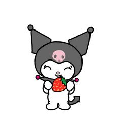 an animal with a strawberry in it's hand and its eyes closed, standing