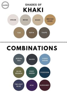 the shades of khaki and their names are shown in different colors, from dark to light