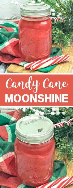 a jar filled with candy cane moon shine sitting on top of a plaid table cloth