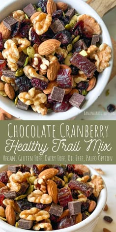 chocolate cranberry healthy fruit mix in a bowl with nuts and raisins