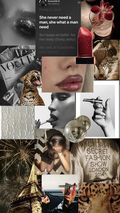 the collage shows many different pictures and words in black and white, including an image of