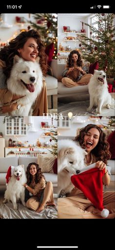 a woman sitting on top of a couch next to a white dog wearing a santa hat