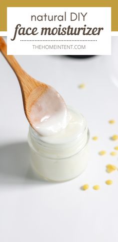 spoon dipping into homemade face moisturizer jar Diy Natural Face Moisturizer For Dry Skin, Diy Facial Moisturizer Shea Butter, All Natural Facial Moisturizer, Diy Natural Moisturizer Face, Diy Daily Face Moisturizer, Honey Moisturizer Diy, Best Diy Face Moisturizer, Natural Skin Moisturizer Face, How To Make Your Own Face Moisturizer