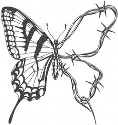 a black and white drawing of a butterfly with barbed wire on it's wings