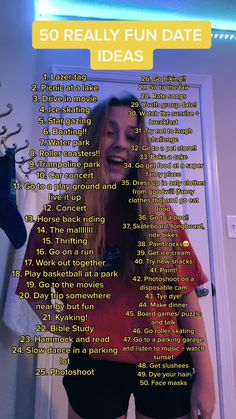 a woman standing in front of a door with the words 50 really fun date ideas