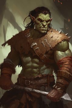 Half Orc Barbarian Male, Dnd Orc Character Design, Orc Dnd Character, Orcs Dnd, Orc Illustration, Orc Oc Male, Orc X Human, Handsome Orc