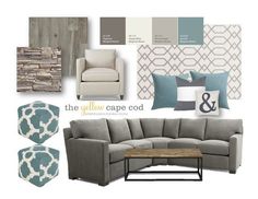 a living room with gray couches, blue and white pillows, and wood accents