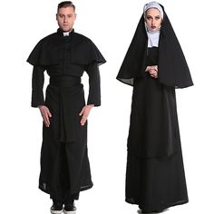 two people dressed in nun costumes standing next to each other