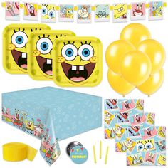 spongebob party supplies including balloons, plates and napkins