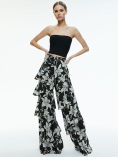 Lotus High Rise Wide Leg Ruffle Pant In Stargazer Black Lg Petal Pants, Ruffled Pants, Wide Leg Pants Outfit, Chiffon Pants, Ruffle Pants, Chiffon Ruffle, Van Cleef Arpels, Wide Pants, Floral Ruffle