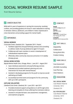 a green and white resume template with the words social worker on it's side