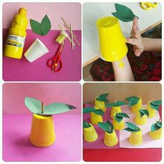 the process of making lemons out of construction paper is shown in four different stages