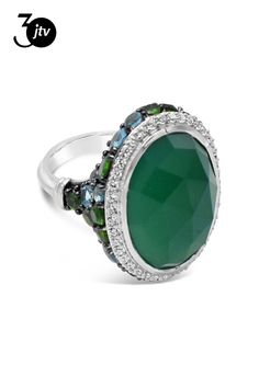 Judith Ripka 20x15mm Oval Green Chalcedony, 2.18ctw Round Swiss Blue Topaz, 2.00ctw Round Chrome Diopside, and 1.12ctw Bella Luce Diamond Simulant Rhodium Over Sterling Silver Ring. Measures Approximately 1.05"L x 0.75"W. Not Sizeable. Oval Emerald Ring Fine Jewelry, Silver Oval Emerald Ring With Pave Setting, Silver Emerald Ring With Pave Setting, Oval Shaped, Oval Silver Emerald Ring With Pave Setting, Green Oval Jewelry With Pave Setting, Oval Green Jewelry With Pave Setting, Green Chalcedony, Judith Ripka, Diamond Simulant