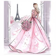 a drawing of a woman in a pink dress holding a bouquet of flowers and looking at the eiffel tower