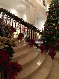 a christmas tree sitting on top of a set of stairs next to a banister