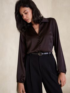 Satin Covered-Button Blouse | Banana Republic Factory Elegant Brown V-neck Blouse, Classic Brown Blouse With Button Cuffs, Brown V-neck Blouse With Button Closure, V-neck Blouse With Button Cuffs For Work, Elegant Johnny Collar Blouse, Chic Blouse With Johnny Collar For Work, Chic Workwear Blouse With Johnny Collar, Elegant Blouse With Johnny Collar, Brown V-neck Blouse For Office