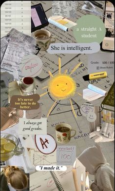 a collage of images with words and pictures on them, including an image of a sun