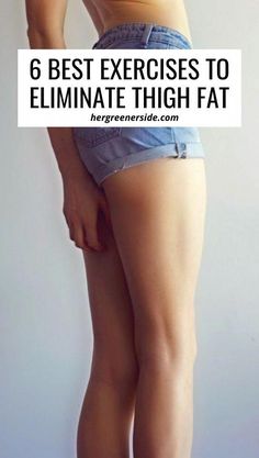 a woman in high waist denim shorts with the words, 6 best exercises to eliminate