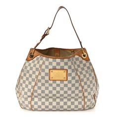 This is an authentic LOUIS VUITTON Damier Azur Galliera PM. This hobo style handbag is crafted of Louis Vuitton's signature Damier canvas in blue and white. It features a vachetta cowhide leather adjustable looping shoulder strap, pipingtrim, and polished brass hardware. The top opensto a beige microfiber interior with patch pockets. Designer Hobo Bag With Detachable Handle, Luxury Coated Canvas Hobo Bag With Top Handle, Designer Shoulder Bag With Palladium Hardware In Coated Canvas, White Monogram Canvas Bag For Formal Occasions, Luxury Hobo Bag With Leather Handles And Coated Canvas, Luxury Coated Canvas Hobo Bag With Leather Handles, Luxury White Hobo Bag With Leather Handles, Designer White Monogram Canvas Shoulder Bag, Designer White Hobo Bag