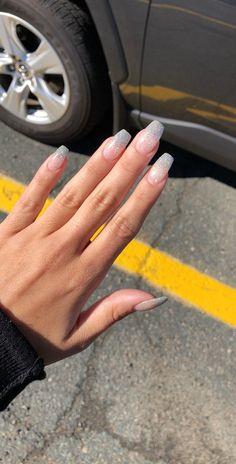 Acrylic Nails Sparkle Tips, Sparkle White Tip Nails, Silver Nails Dip Powder, Neutral Nails With Silver Glitter, Simple Silver Nails Acrylic, Clear With Sparkle Nails, Silver Nails Round, Glitter Acrylic Powder Nails, Sparkly Powder Dip Nails