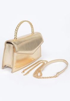 This Metallic Gold Vegan Leather Purse is a show-stopping powerhouse that will transform any look! Featuring a removable cross-body strap and a chic chain strap that turns it into a handbag, this handbag puts the "fun" in function. It's 8.5” x 5” x 2” of gold-plated Plyutherane and mixed material perfection. You'll shine brighter than a disco ball with this statement-making purse! Party Evening Bag With Top Handle And Adjustable Strap, Party Evening Bag With Adjustable Top Handle, Gold Satchel With Gold-tone Hardware For Party, Trendy Gold Crossbody Flap Bag, Gold Satchel With Removable Pouch For Party, Gold Flap Bag With Chain Strap, Event Crossbody Shoulder Bag With Chain Strap, Trendy Gold Flap Bag With Chain Strap, Gold Satchel With Detachable Strap For Evening