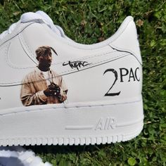 Tupac Custom Trainers Nike Air Force 1 AF1 ✨All shoes are custom made to order ✨After Care details are available on our website, to help you keep your shoes in top condition ✨Design is printed and sealed, see video for reference on how strong and resistant the design is! ✨To see other designs and videos check out our Instagram and Tiktok @saintrelics ✨Signed for tracked shipping with insurance cover ✨All shoes are sprayed with a clear protective seal finish to protect against water and dirt! ✨Th Af1 Designs, Custom Trainers, High Top Air Force, Custom Sneakers Nike, Trainers Nike, Sneaker Nike, After Care, Creative Shoes, Jordan 4s